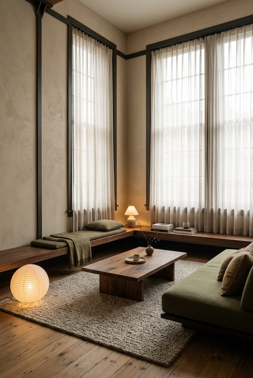 A small living room with a low walnut coffee table, olive green sofa, paper floor lantern, and an L-shaped wooden bench beneath tall sheer-curtained windows.