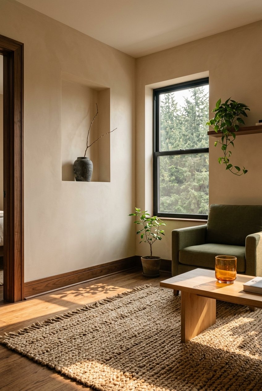 A sunlit small Japandi living room featuring a chunky woven jute rug, a low oak coffee table, an olive green armchair, and a recessed plaster niche with a single branch.