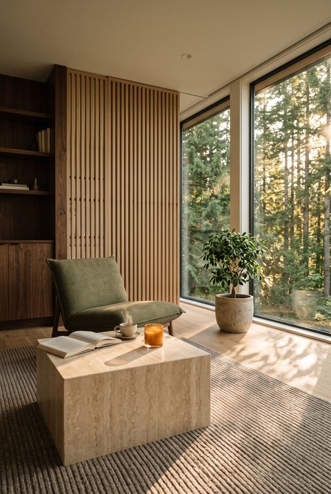 A sunlit small living room featuring a square travertine coffee table, an olive green chair, a slatted wood screen, and a window framing a dense forest.